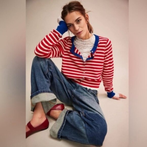 New! Free People nocturnal stripe Red Blue Cardigan sweater 2725 - Picture 2 of 8